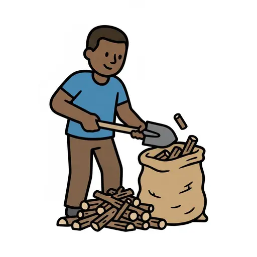 Een man schept stukken hout in een jutezak naast een stapel brandhout.