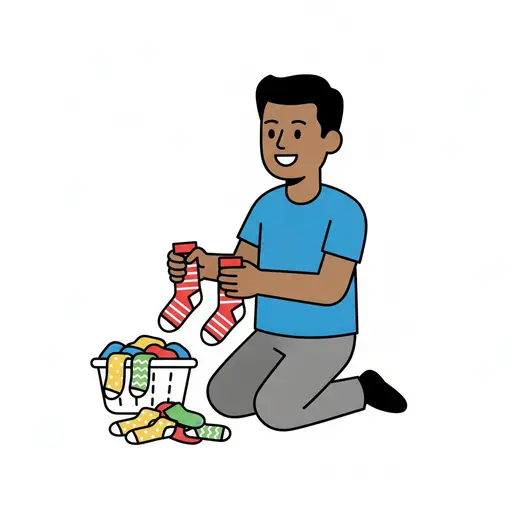 Een man knielt en zoekt sokken bij elkaar bij een wasmand.