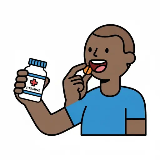 En leende man håller upp en burk vitaminer och stoppar en tablett i munnen.