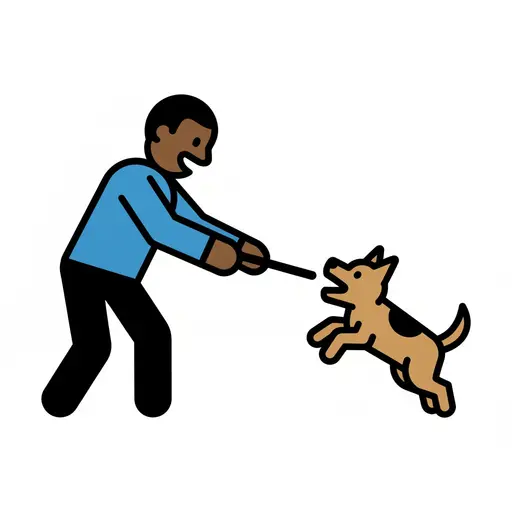 Een persoon houdt een stok voor een hond. De hond springt met open bek naar de stok.