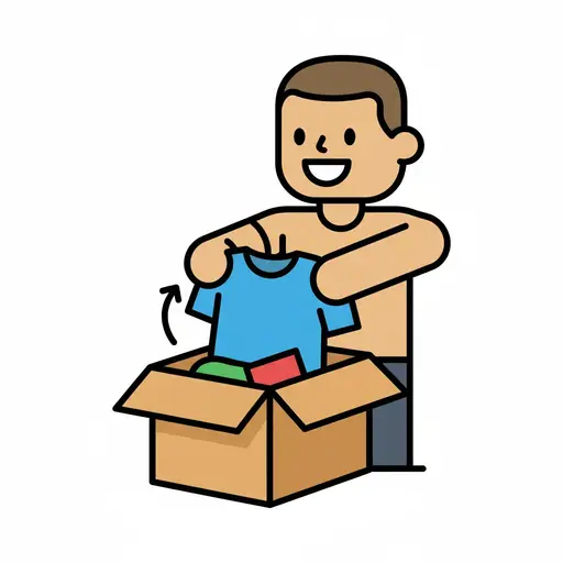 Een man staat een blauw shirt uit een kartonnen doos met meer kleren te pakken.