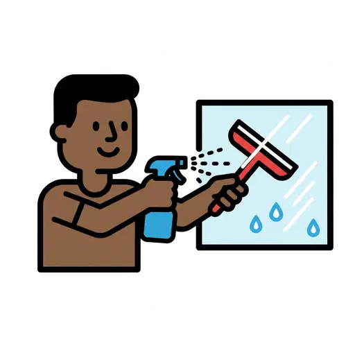 Een man spuit schoonmaakmiddel op een raam en maakt het schoon met een trekker.