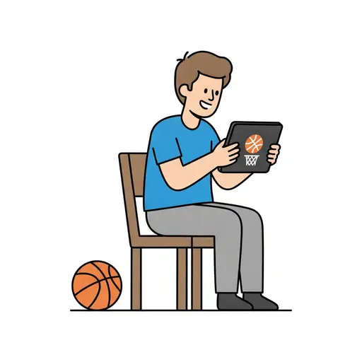 Een man zit op een stoel naar een basketbalwedstrijd op een tablet te kijken, met een basketbal op de grond.