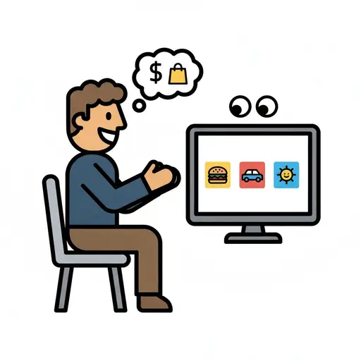 A man sits in front of a screen full of adverts while thinking about money and shopping.