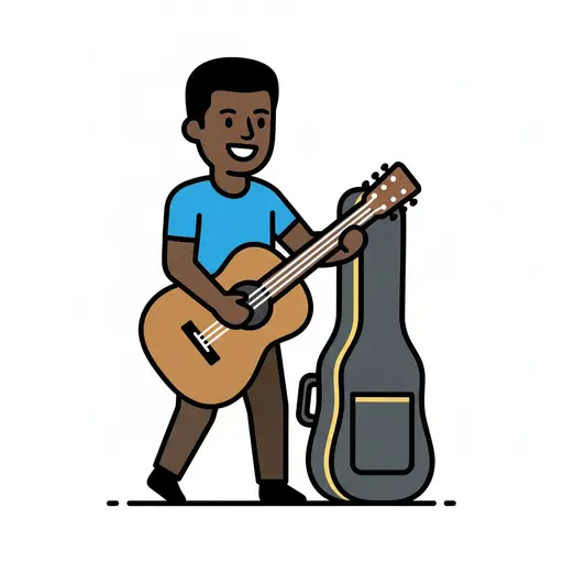 En man håller en gitarr bredvid ett gitarrfodral.