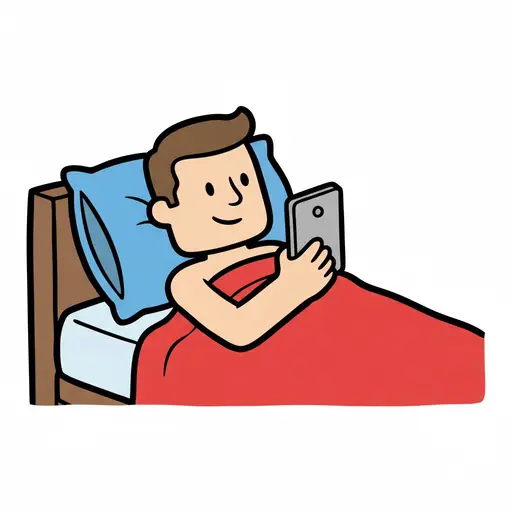Een man ligt in bed naar zijn telefoon te kijken.