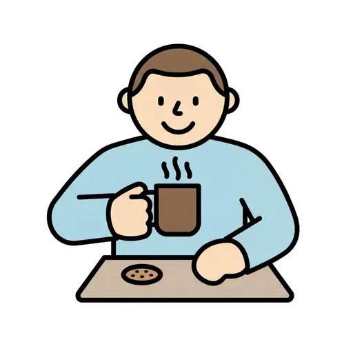 Een man zit aan tafel met een dampende mok in zijn handen, met een koekje voor zich.