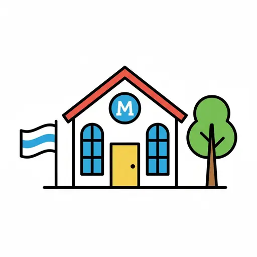 Een getekend schoolgebouw met een 'M' op de voorkant en een vlag ervoor.