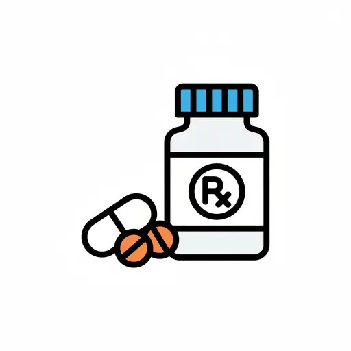 Een medicijnpotje met een receptetiket naast een capsule en een pil.
