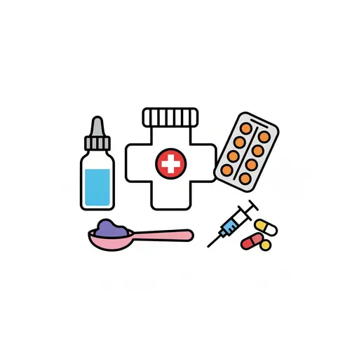 En droppflaska, en medicinburk, tabletter, en sked, en spruta och kapslar.