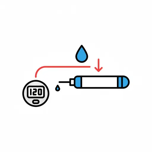 Een bloedsuikermeter met 120, een druppel en een insulinepen.