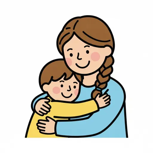 Een moeder en kind knuffelen dicht tegen elkaar aan.