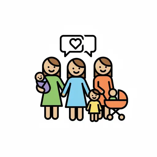 Kuva kolmesta naisesta pienten lasten ja lastenvaunujen kanssa. Heidän yläpuolellaan on puhekuplia, joissa on sydän.