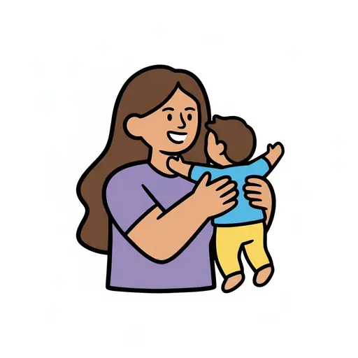 A mom holds and hugs a child from the side.