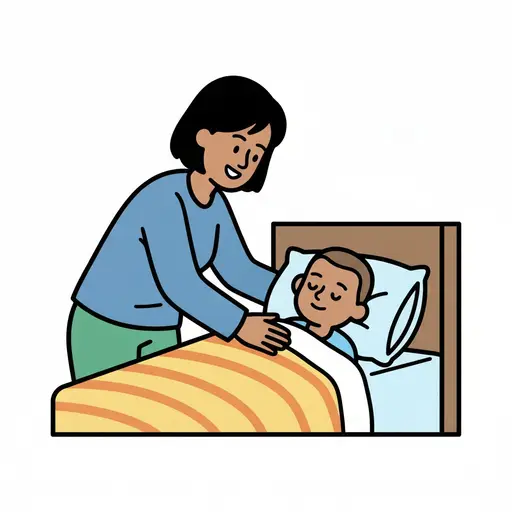 A mom leans over a sleeping child under a striped blanket.