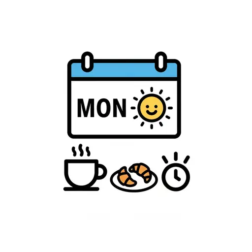A calendar page for Monday with a sun, shown above a coffee cup, croissants and an alarm clock.