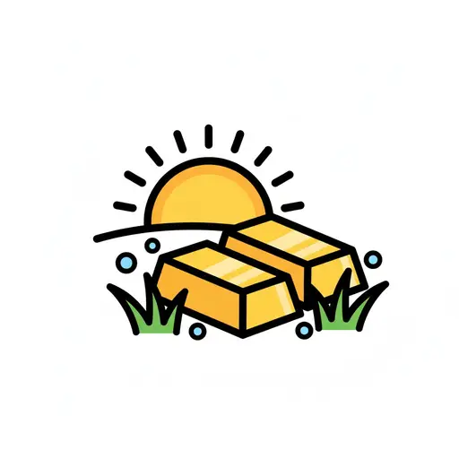 Een tekening van twee goudstaven in groen gras met een opkomende zon op de achtergrond, als symbool voor 'Ochtendgoud'.