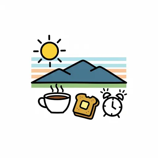 Illustration af morgenelementer, herunder en sol, der står op over bjerge, en kop varm kaffe, en skive ristet brød med smør og et vækkeur.