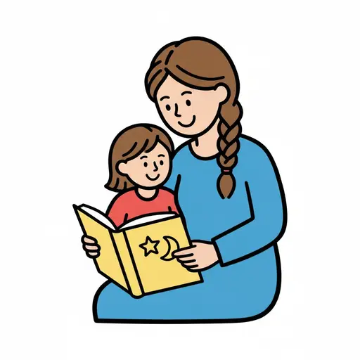 Een moeder leest een verhaaltje voor het slapengaan uit een boek voor aan een jong kind op haar schoot.