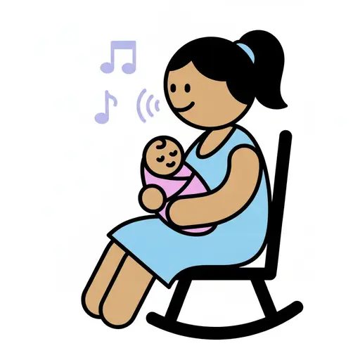 Een moeder zit in een schommelstoel met een baby in haar armen te zingen, met muzieknoten in de lucht.