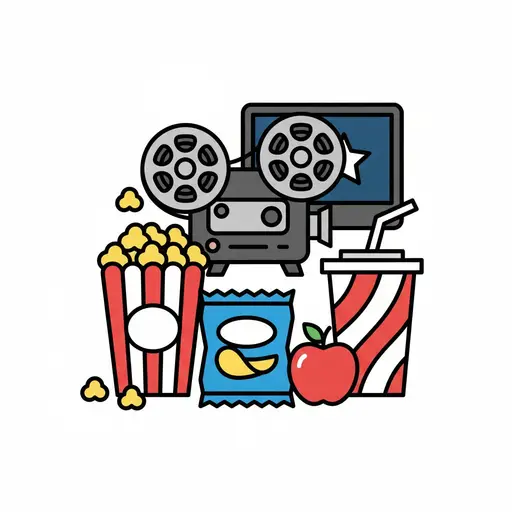 En filmprojektor och skärm med popcorn, chips, ett äpple och en läskmugg.
