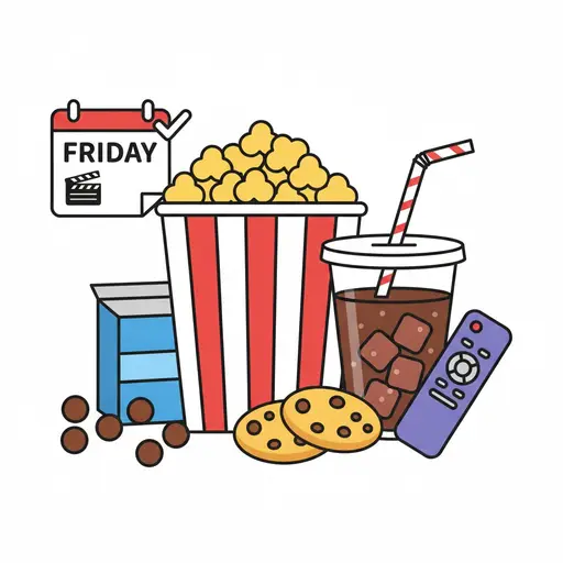 Popcorn, läsk, kakor och en fjärrkontroll bredvid en fredagskalender.