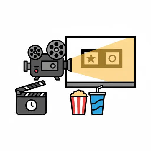 Een tekening met een filmprojector, een filmklapper met een klok, een scherm met leeftijdssymbolen, een bak popcorn en een frisdrank.