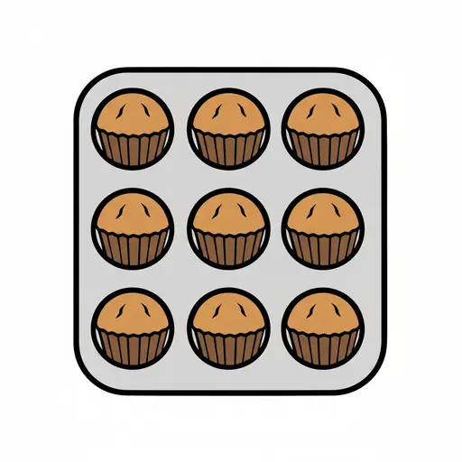 Een tekening van een muffinvorm met negen gebakken muffins.