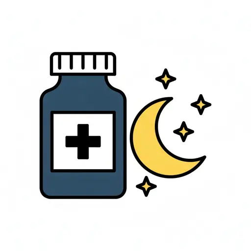 En mørkeblå medicinbeholder med et kors står ved siden af en gul måne og stjerner.