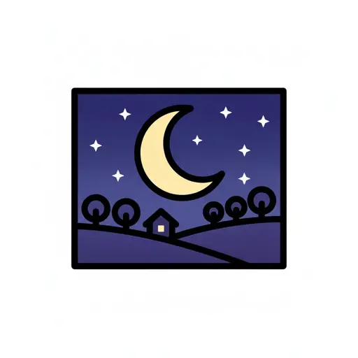 Et billede af en mørkeblå nattehimmel med måne og stjerner over et hus og nogle træer.
