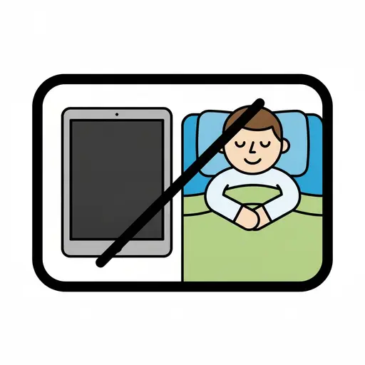 Een doorgestreepte iPad naast een kind dat in bed ligt te rusten.