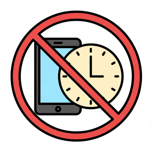 Een mobiele telefoon en een klok met een rood verbodsteken erover.