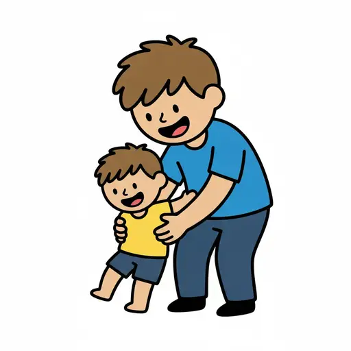 Een oudere jongen buigt zich voorover en houdt voorzichtig een jongere jongen vast.