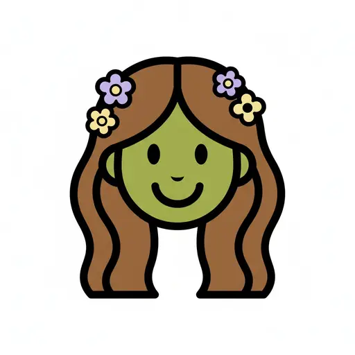 Een getekend beeld van een meisje met bruin haar en bloemen in haar haar.