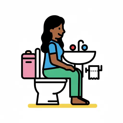 Een persoon zit op het toilet in een badkamer met een wastafel en toiletpapier.