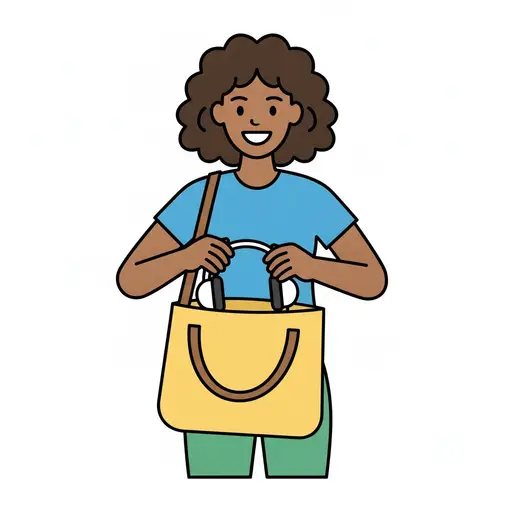 A person holds up a yellow shoulder bag and opens it.