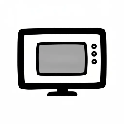 A television drawn with thick black outlines has a grey screen, three round buttons and a small stand.