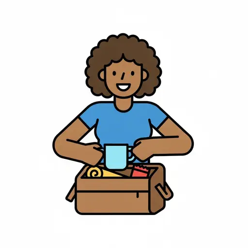 En person packar en axelväska med en blå mugg, en snackspåse och en banan.