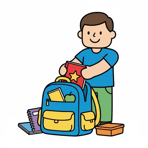 Een kind doet een boek in een blauwe schooltas met een schrift en een lunchtrommel in de buurt.