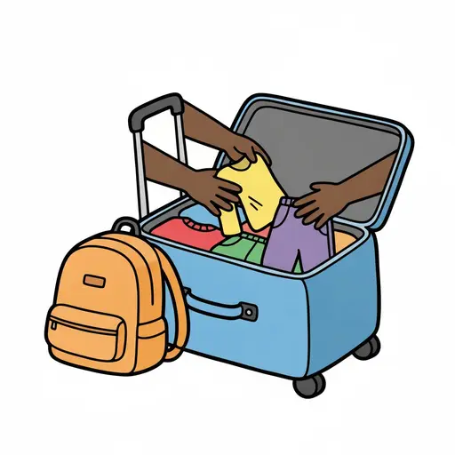 Two hands put clothes into an open suitcase with a backpack beside it.
