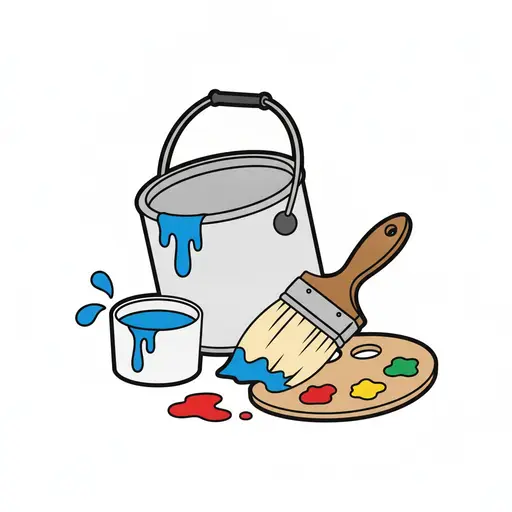 A large paint can dripping blue, a small tin of blue paint, a wide brush and a wooden palette with dabs of colour.