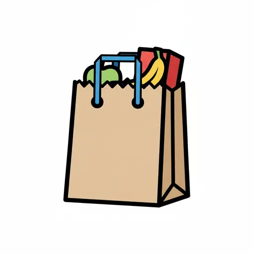 A brown paper bag with blue handles, filled with groceries such as an apple, a banana and packets.