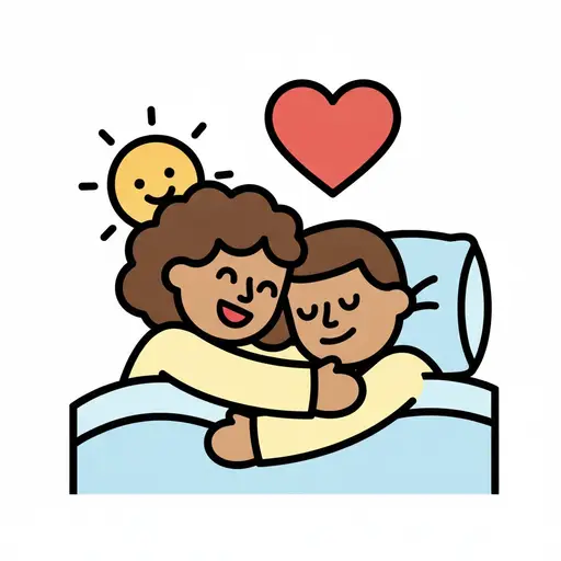 Een volwassene en een kind knuffelen bij het wakker worden onder het dekbed met een hartje erboven.
