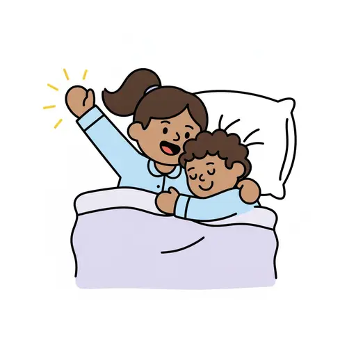 Een volwassene strekt een arm omhoog en kruipt bij het wakker worden tegen een kind aan in bed.