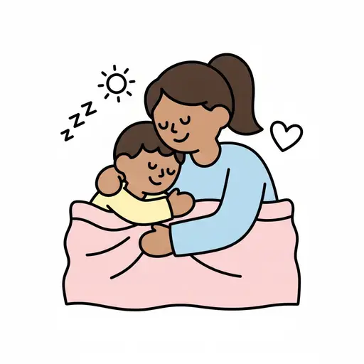 Een volwassene knuffelt een slaperig kind in bed met slaapsymbolen en een hartje om hen heen.