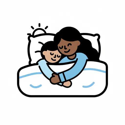 Een volwassene en een kind liggen dicht tegen elkaar aan op een bed terwijl de zon opkomt.