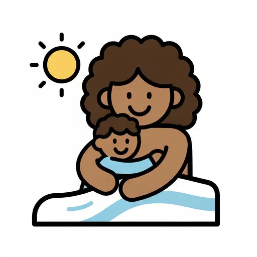 Een ouder knuffelt zijn jonge kind in bed terwijl de zon buiten schijnt.