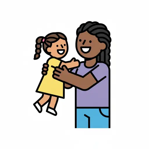 An adult happily lifts a child up in their arms.