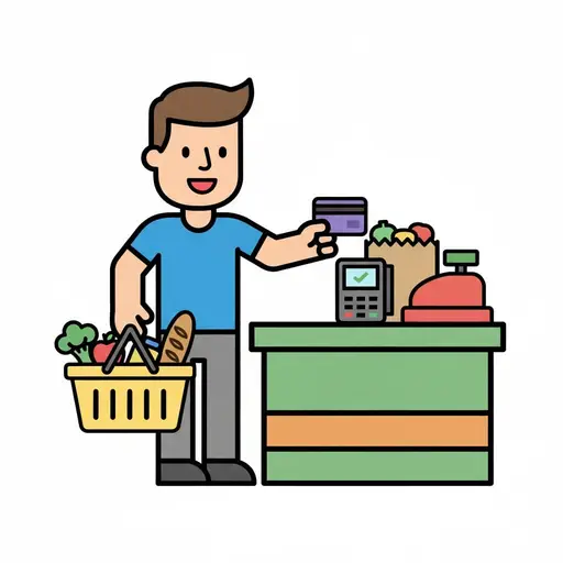 A man with a basket full of groceries pays by card at the checkout.