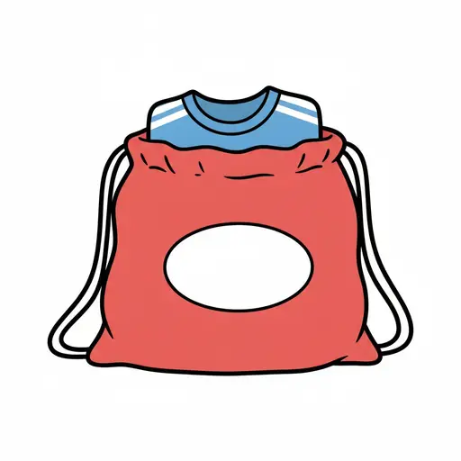 Een rode gymtas met een trekkoord waar een blauw shirt met lange mouwen bovenuit steekt.